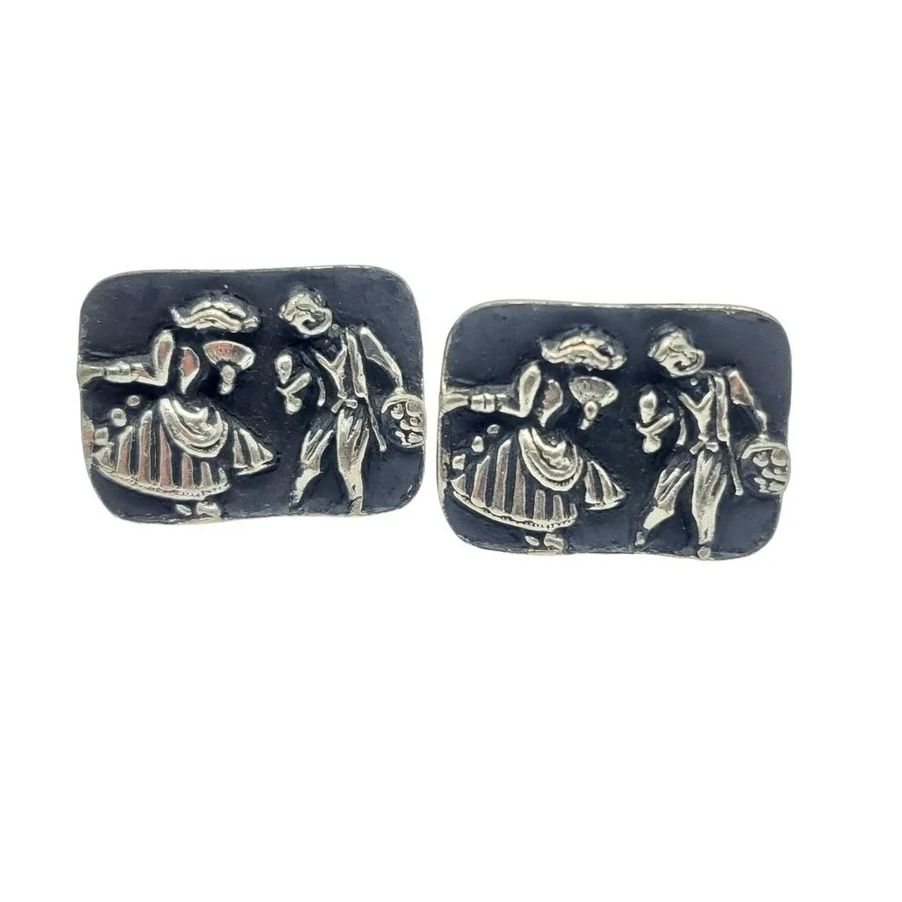Large Black Enamel Cufflinks Silver Tone‎ Dancing Couple Novelty Mens Deco Dance
